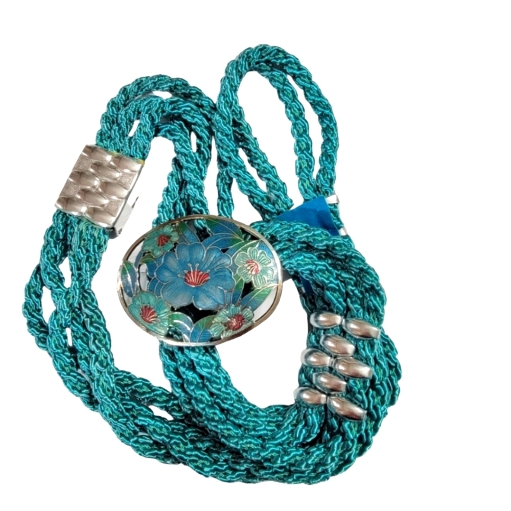 Vintage Sea Gem Floral Cloisonne Buckle Teal Braided Rope Belt